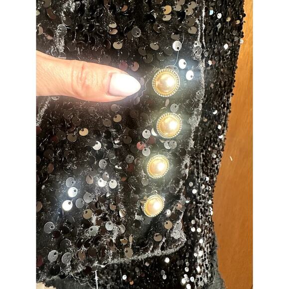 Nanette Lepore Black Sequins Velvet Pearl Buttons Open Front Jackets Women's 4 - Picture 4 of 8